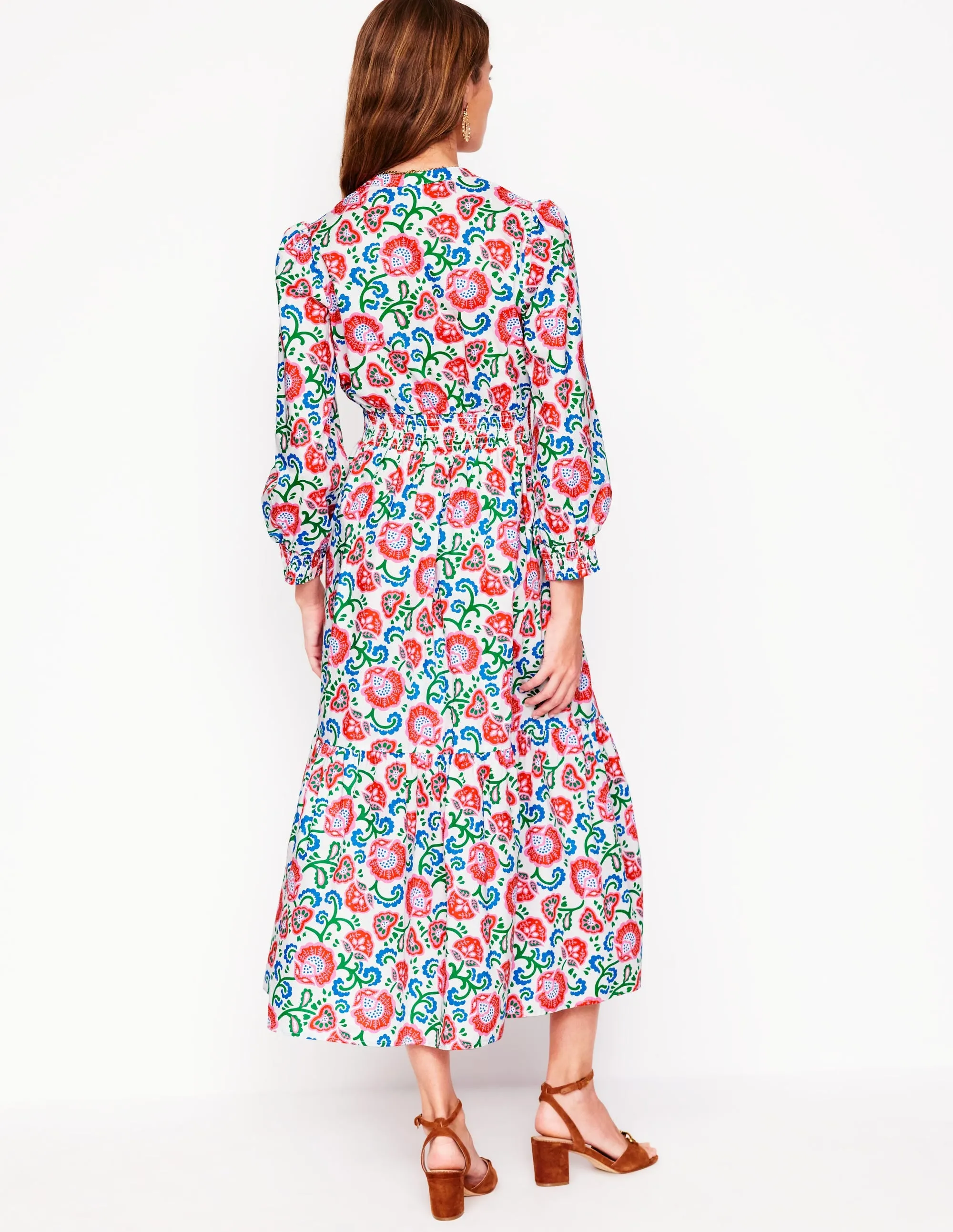 Elena Tiered Cotton Midi Dress-Ivory, Garden Vine