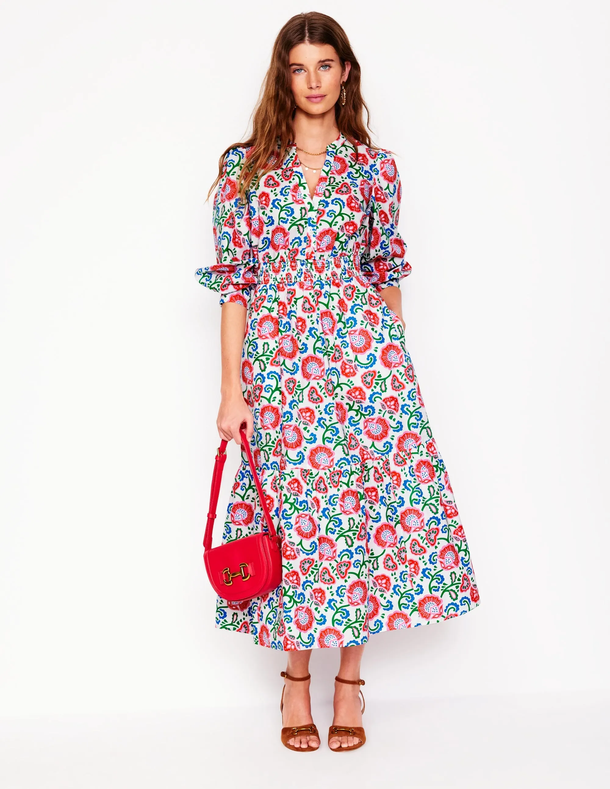 Elena Tiered Cotton Midi Dress-Ivory, Garden Vine