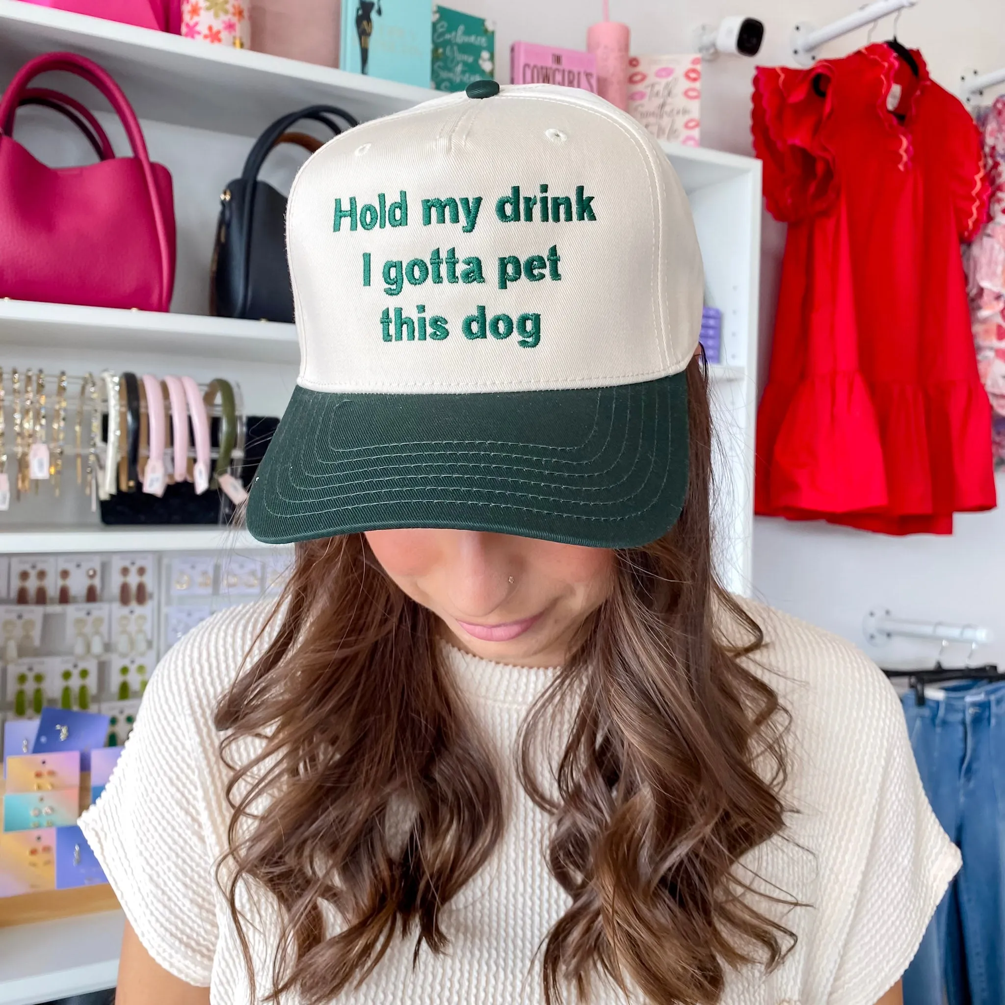 Hold My Drink I Gotta Pet This Dog  Two Toned Green and Tan Vintage Baseball Hat